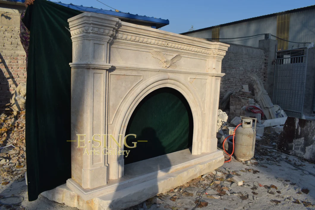 New Design Travertine Natural Stone Eagle Fireplace Frame Marble Arch Fireplace for Home