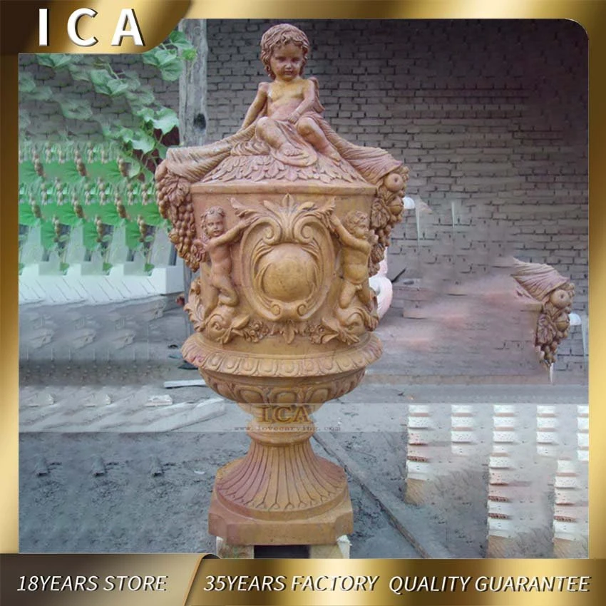 Garden Decoration Marble Carving Flower Planter with Angel Statue Flowerpot