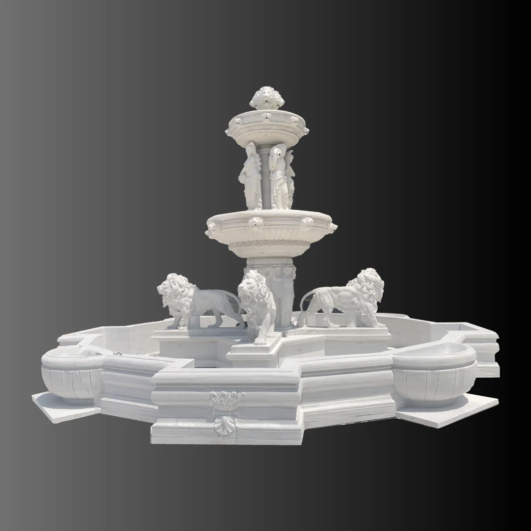 Large White Marble Lion Carving Garden Fountain